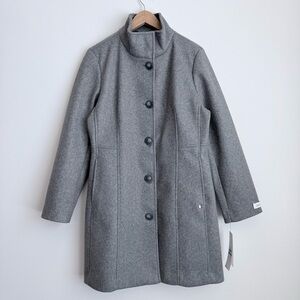 Calvin Klein Women's Gray Stand-Collar Long Pea Coat, Side Pockets, Size Large